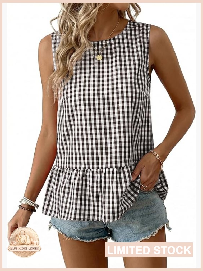 Gingham Peplum Tank Top Sleeveless Ruffle Round Neck Business Casual Blouse